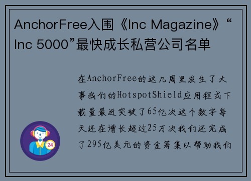 AnchorFree入围《Inc Magazine》“Inc 5000”最快成长私营公司名单 